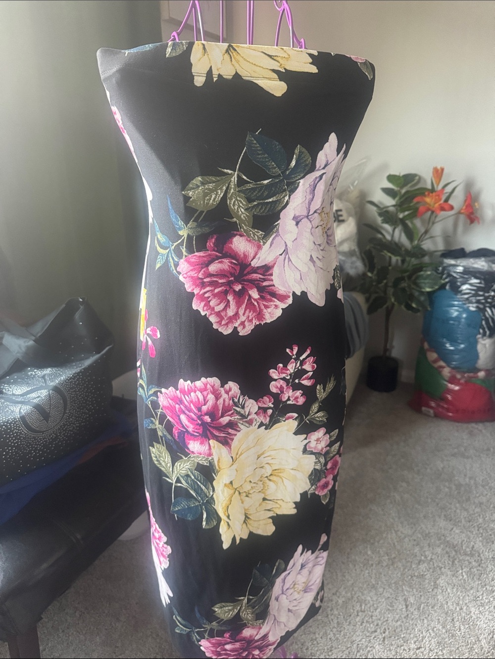Haute Monde Strapless Black Floral Bodycon Dress